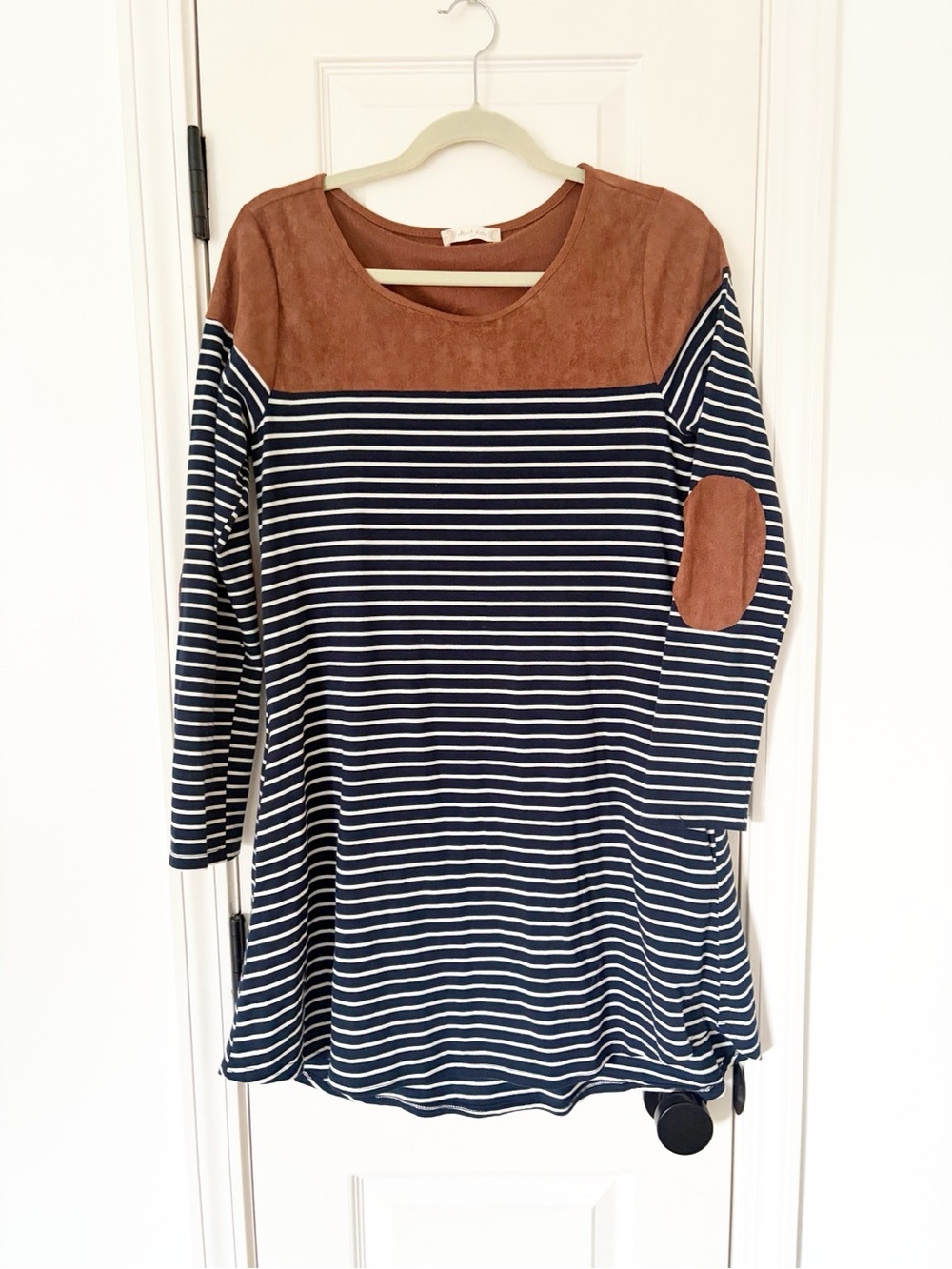 XS β’ Altar'd State Navy & white Striped Long-Sleeve mini dress w brown suede